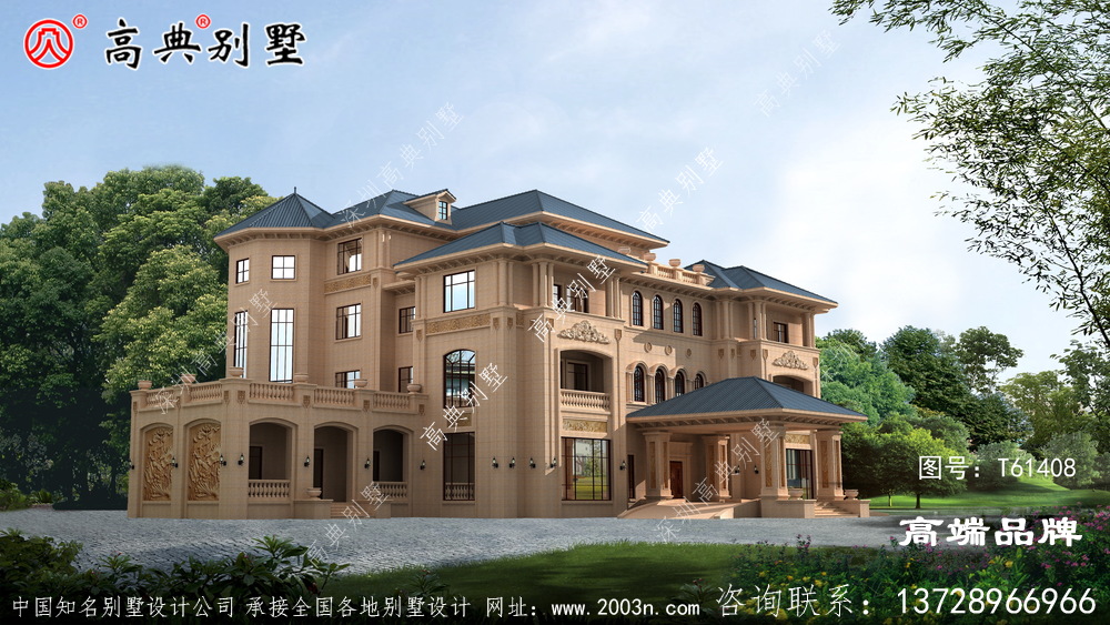 欧式石材三层别墅外观图,开窗采光良好居住舒适