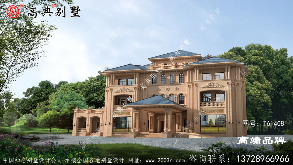 欧式石材三层别墅外观图,开窗采光良好居住舒适