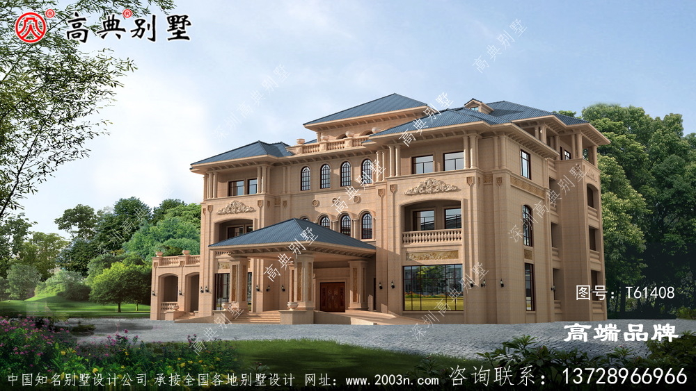 欧式石材三层别墅外观图,开窗采光良好居住舒适